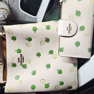 Coach Cream and Green Apple Print Shoulder Bag Set